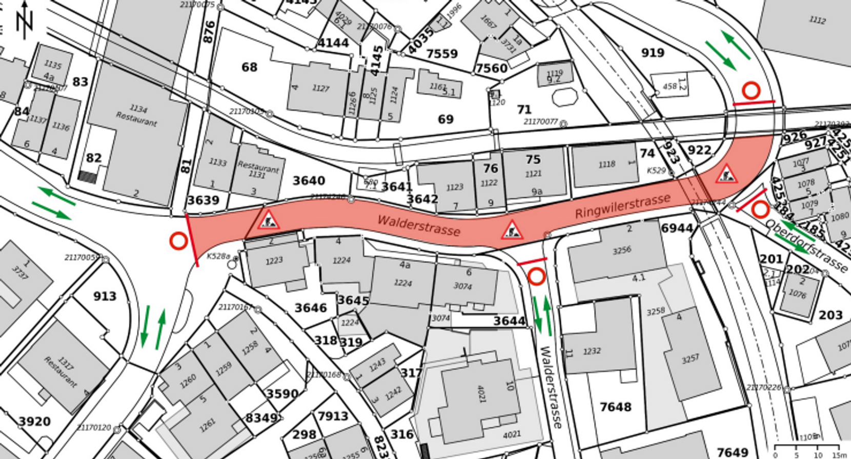 Auf einer Karte ist die Strassensperre rot eingezeichnet.